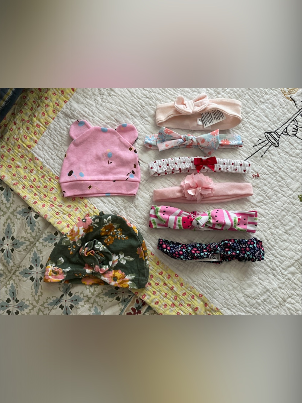 Baby GIRL Floral & Pink Hat and Headband Set - Pink, Green, Peach